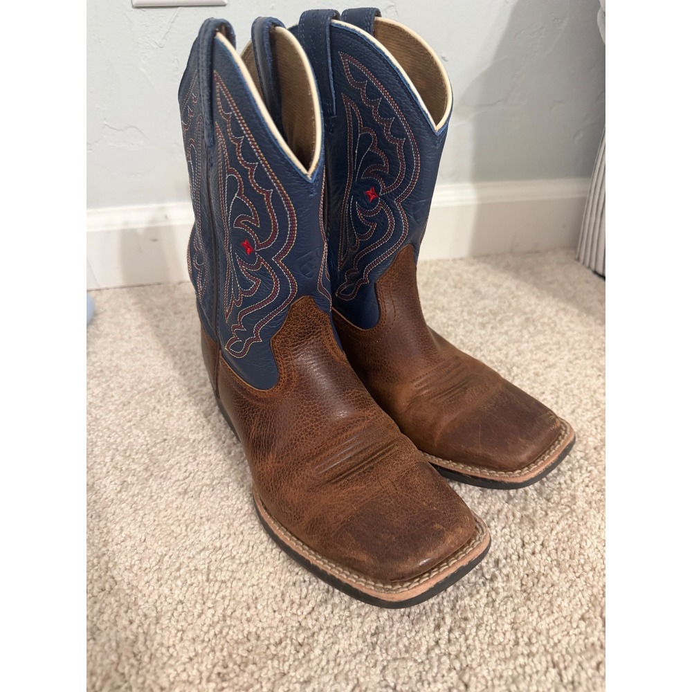 Ariat Kids Brown Blue Leather Western Square Toe Cowboy Boots 10001863 Size 2